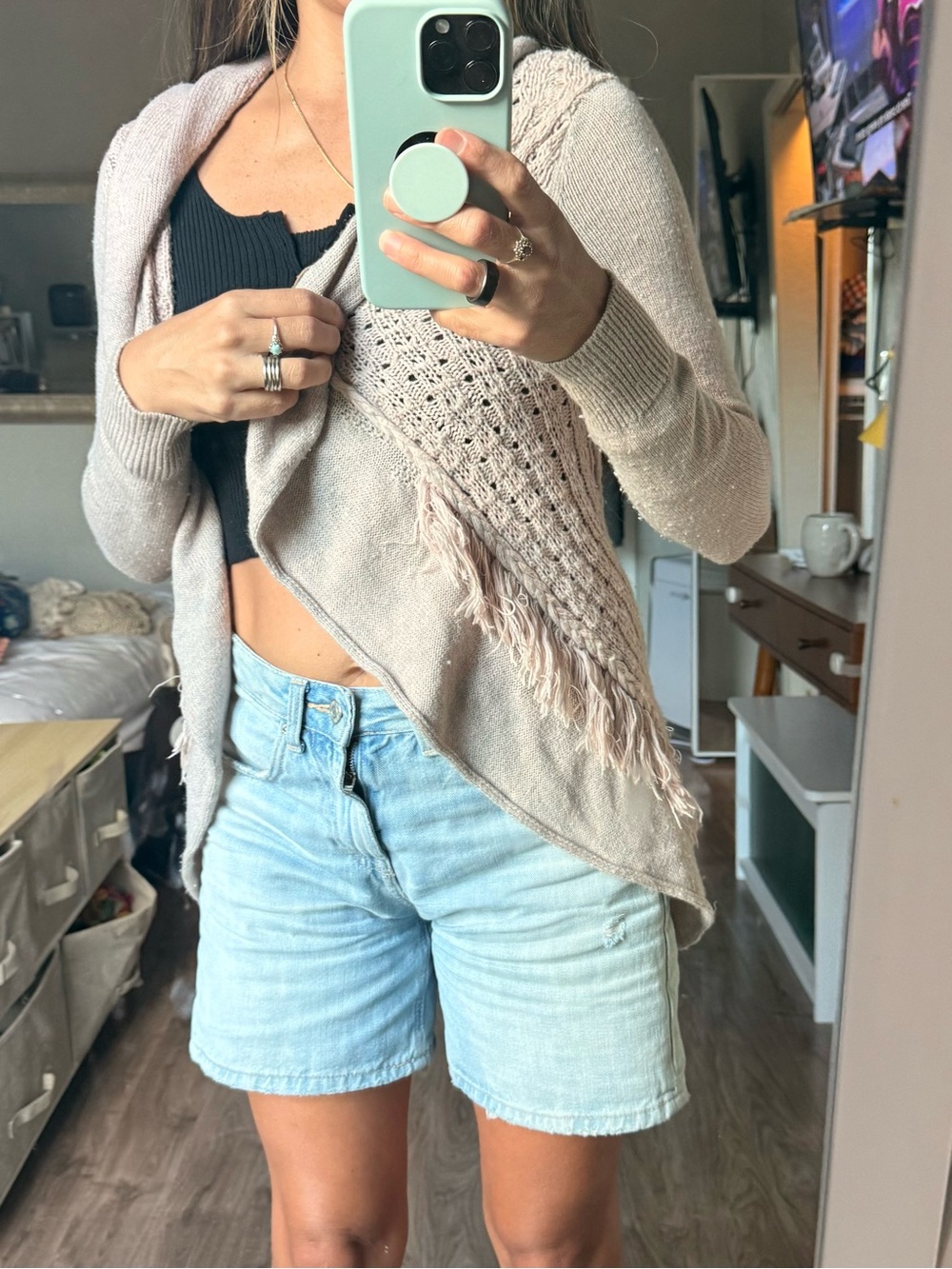 Knitted & Knotted Fringe Open-Front Cardigan Sweater – XS